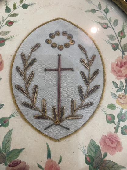 Rare Large Antique French Mourning Hair Art Hand Painted Roses under Glass c1913