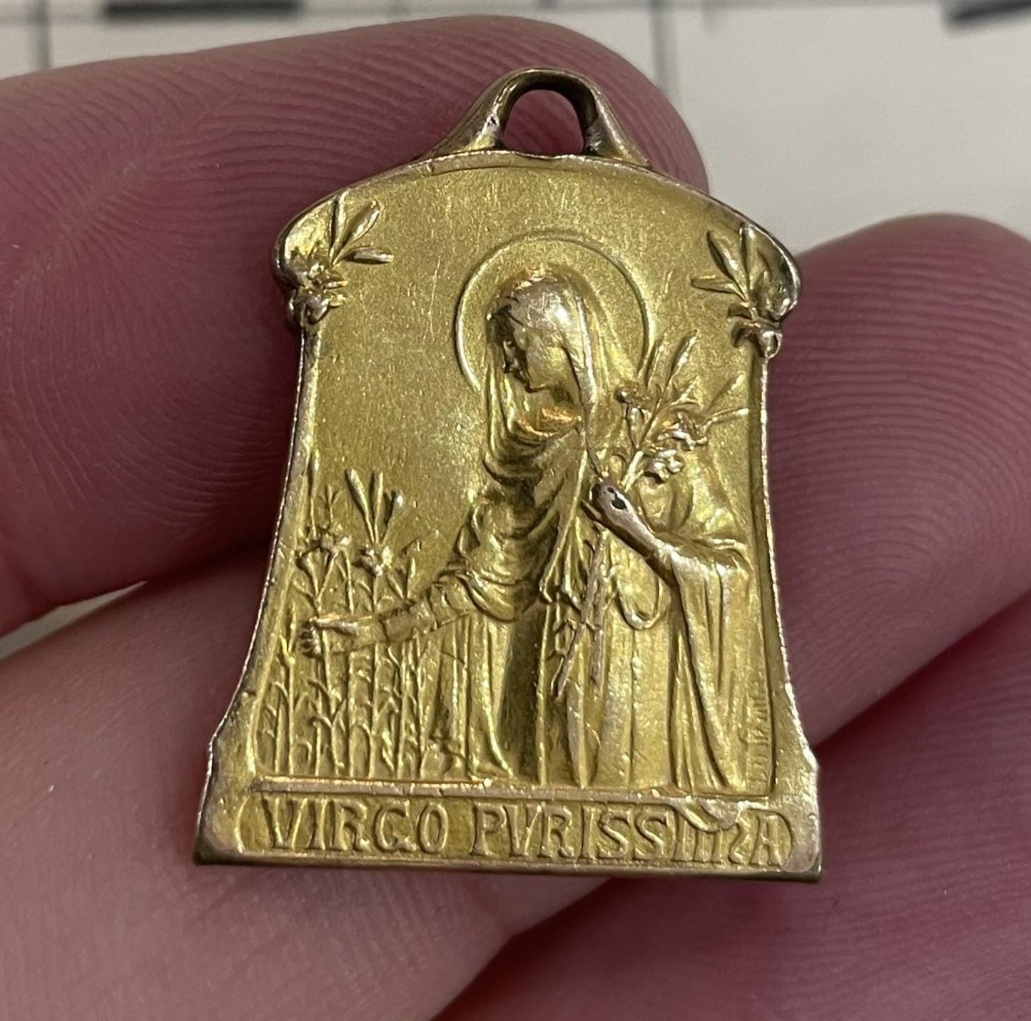 Antique French Art Nouveau Gold-Filled Virgin Mary Religious Medal c1920