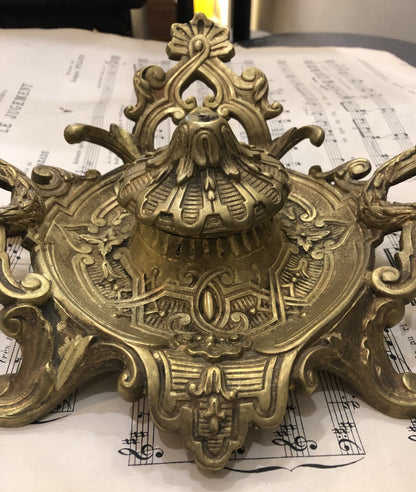 Rare Large Antique French Art Nouveau Bronze Inkwell c1900