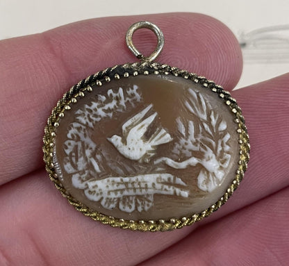 Antique French Art Nouveau Gold-Filled Shell Cameo Bird Pendant c1920