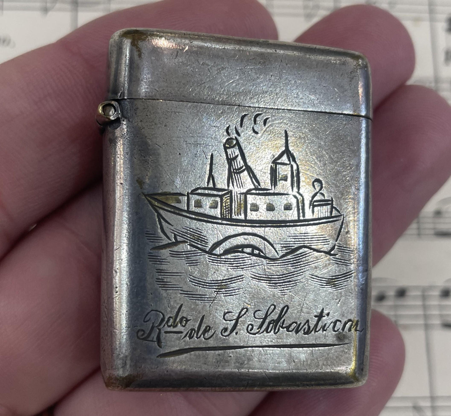 Antique Spanish Silver Plated Match Case Vesta Boat San Sebastian c1900