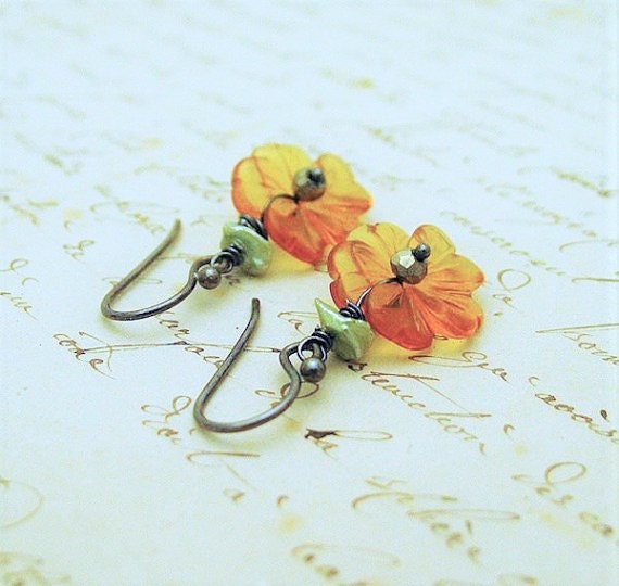 Dangle Citrine Buttercup Blossom Earrings with pyrite, freshwater pearls and sterling