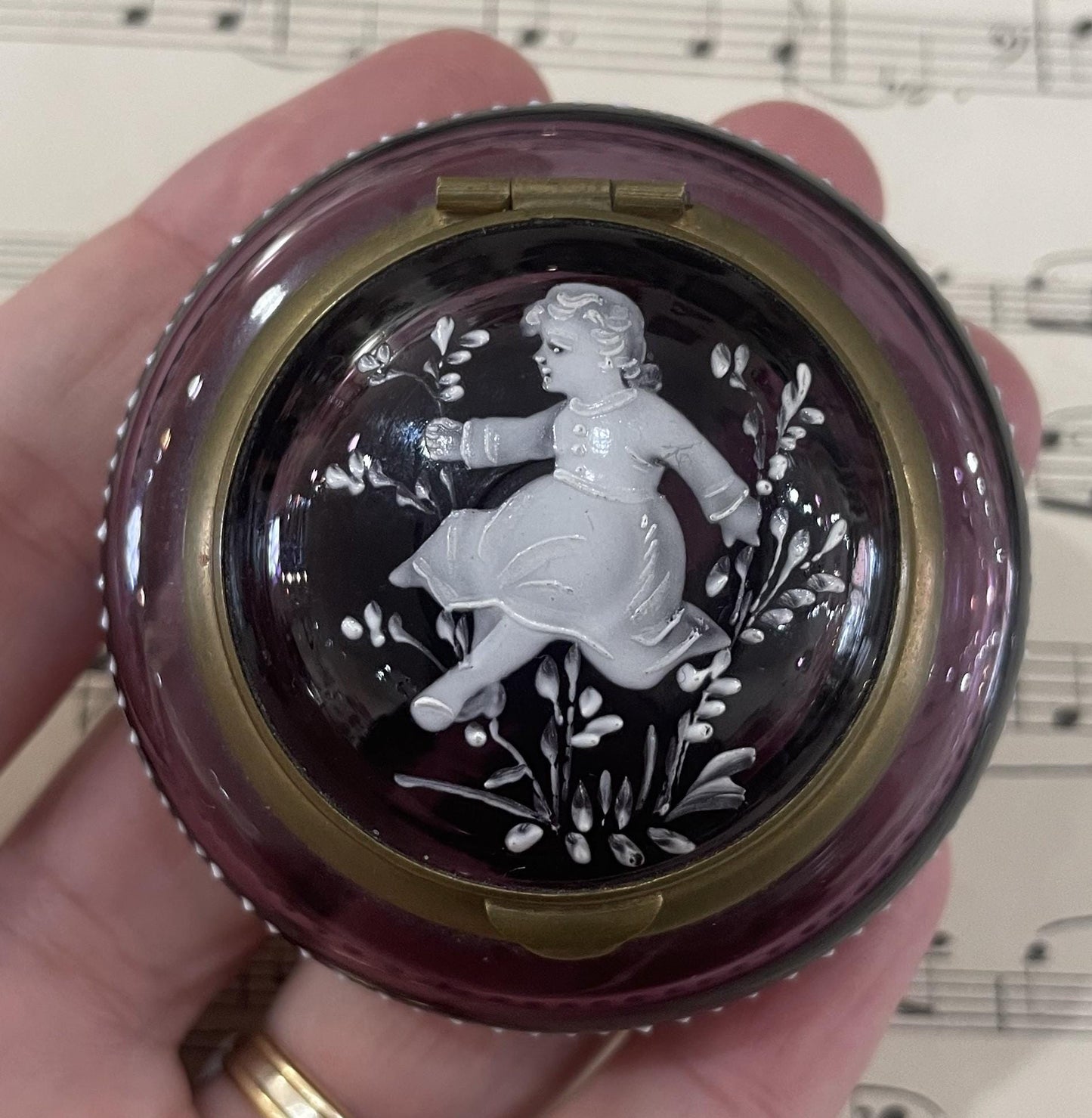 Rare Antique French Gilt Brass Purple Glass Hand Painted Enameled Box Mary Gregory c1900