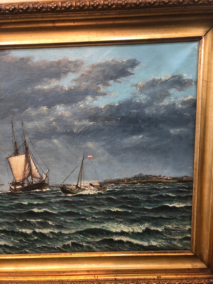 Antique Dutch Netherlands Oil on Canvas Marine Boats Signed J. Jensen c1931