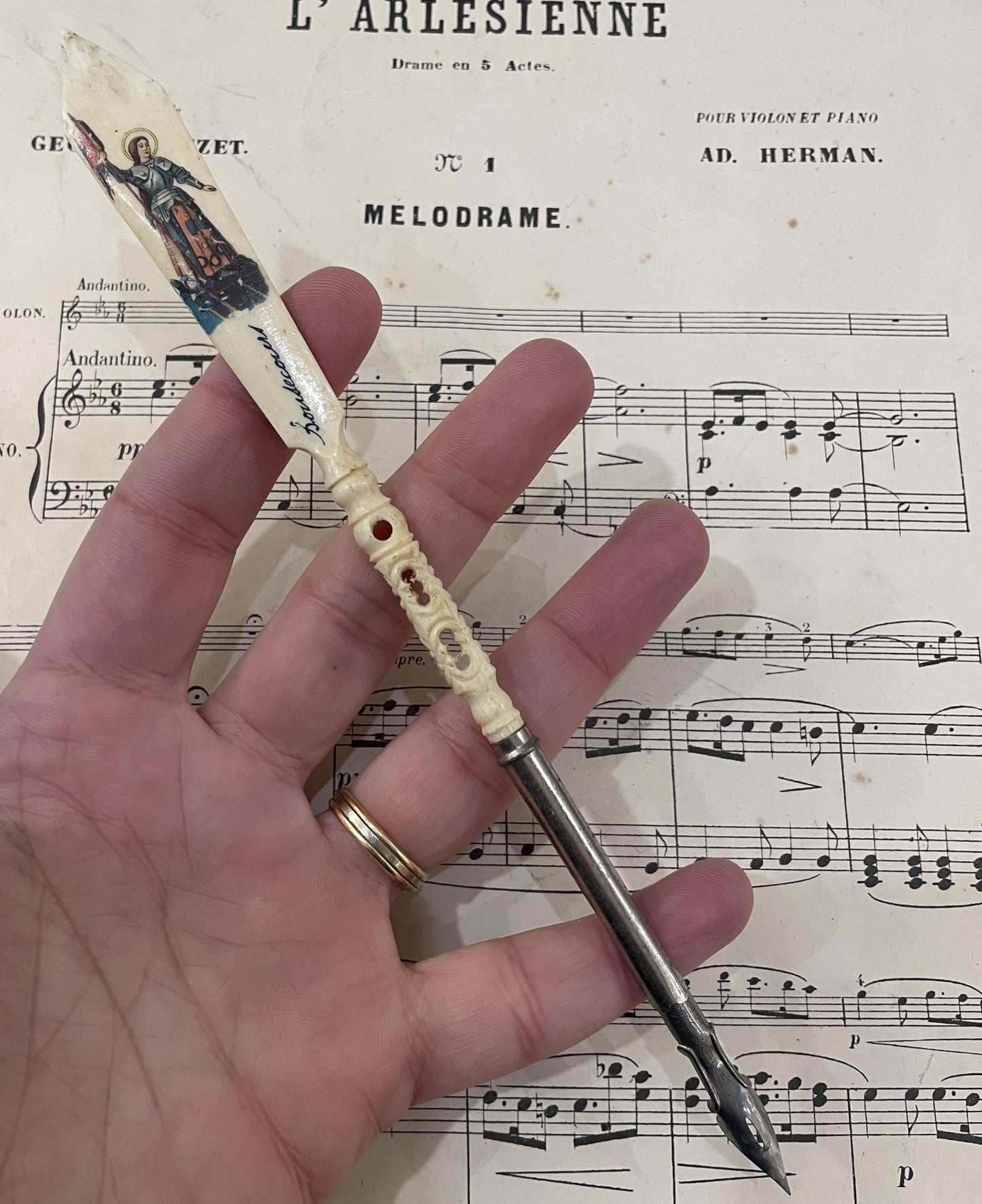 Antique French Bone Dip Pen Joan of Arc c1900