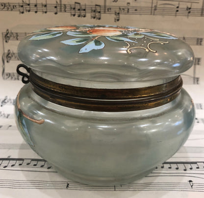 Rare Large Antique French Gilt Brass Glass Hand Painted Enameled Box Fruits Peach c1900