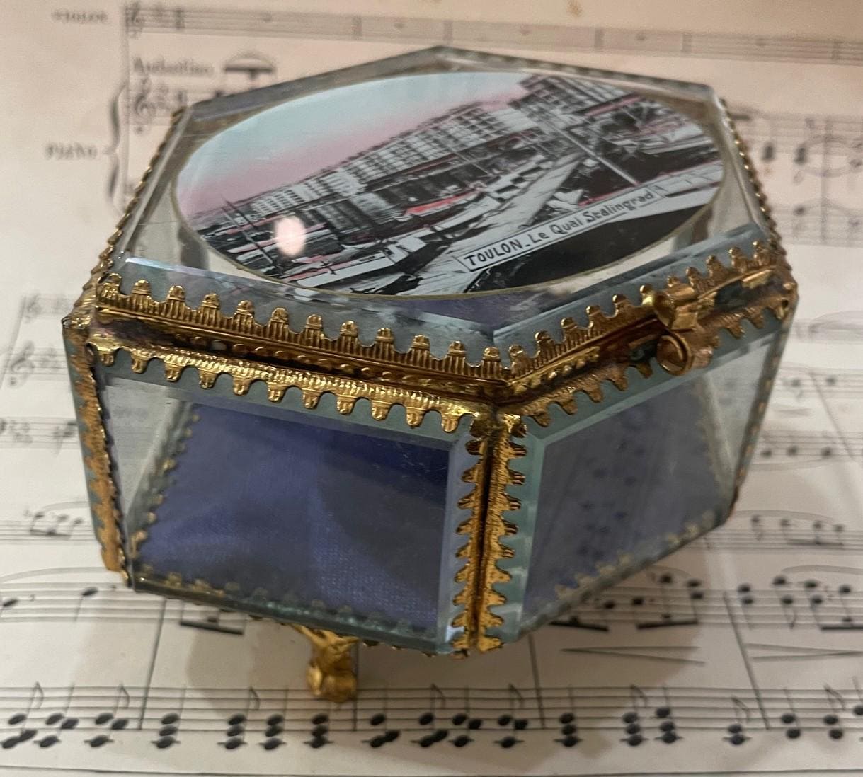 Antique French Eglomise Souvenir Jewelry Box Casket Toulon c1900