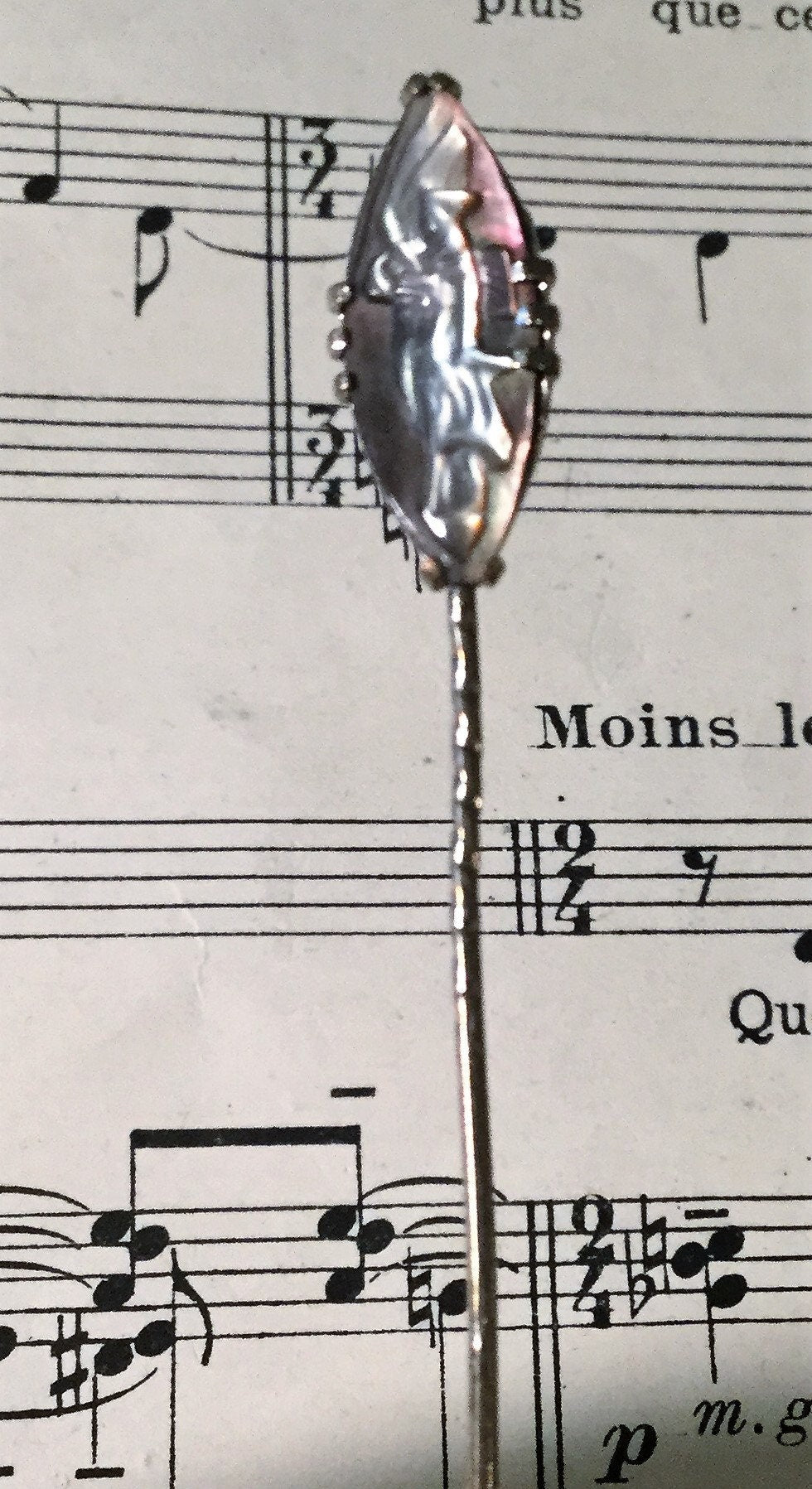 Antique French Art Nouveau Mother of Pearl Cameo Woman Bird Angel Hat Stick Pin c1920