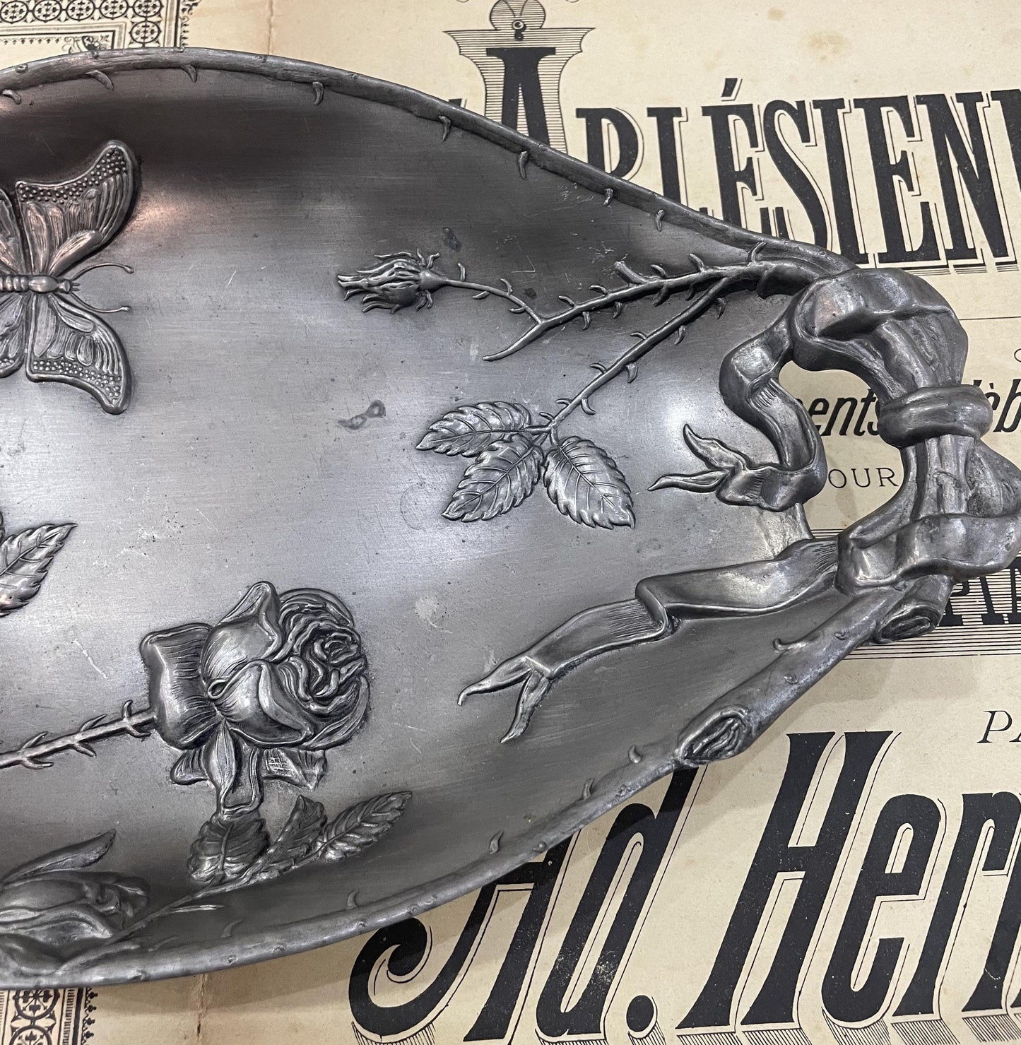 Rare Large Antique French Art Nouveau Pewter Tray Butterfly Roses c1920