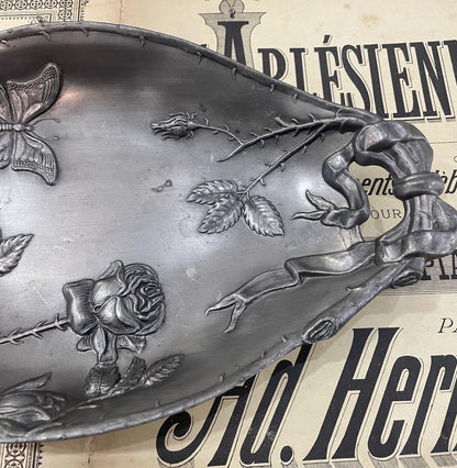 Rare Large Antique French Art Nouveau Pewter Tray Butterfly Roses c1920