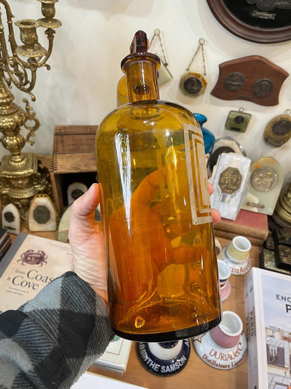 Rare Large Antique French Apothecary Bottle Amber Glass Alcool Camphre c1880