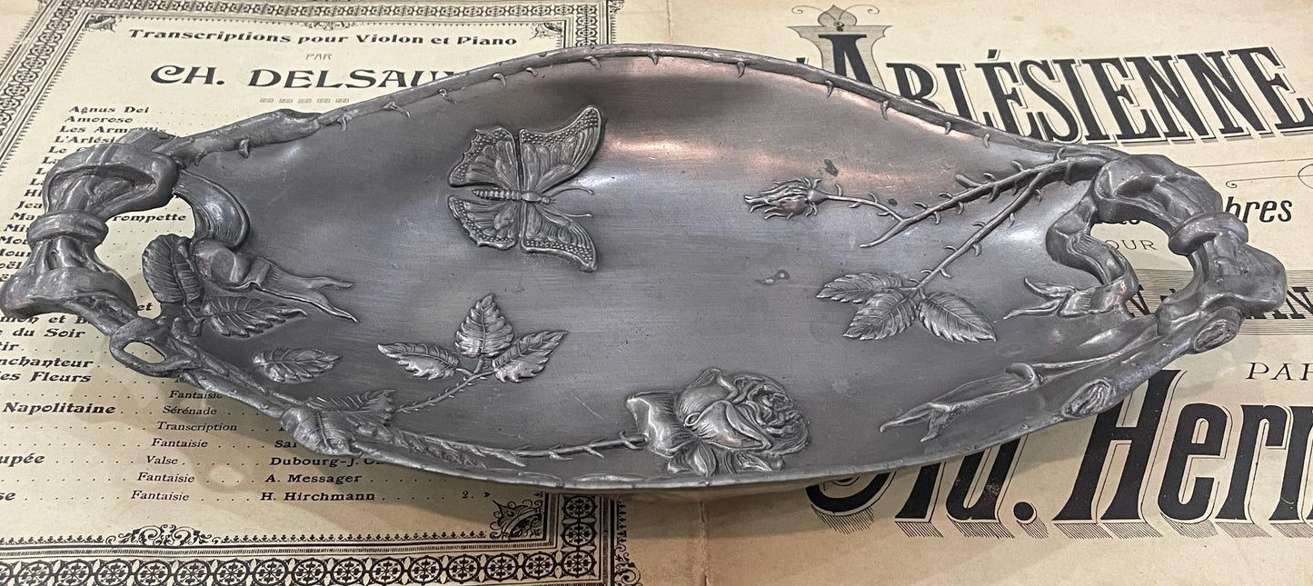 Rare Large Antique French Art Nouveau Pewter Tray Butterfly Roses c1920
