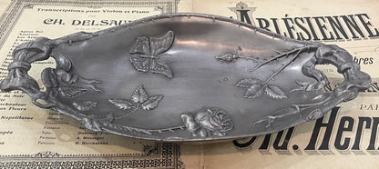 Rare Large Antique French Art Nouveau Pewter Tray Butterfly Roses c1920