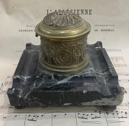Antique French Art Nouveau Bronze Marble Inkwell c1900