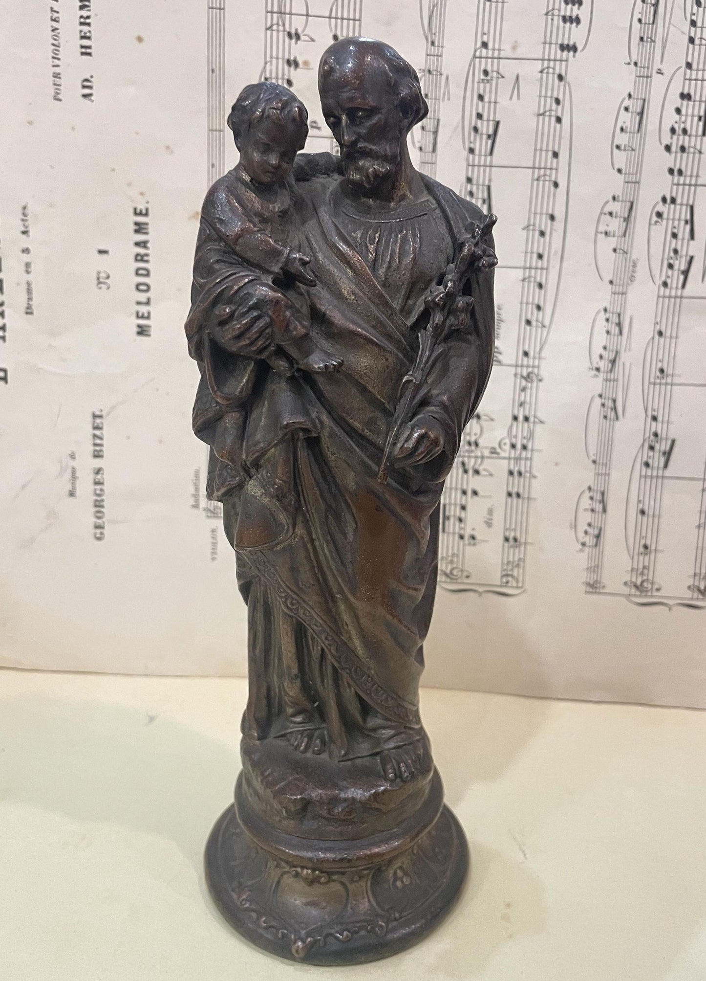Rare Antique French St Joseph and Child Spelter Statue c1900