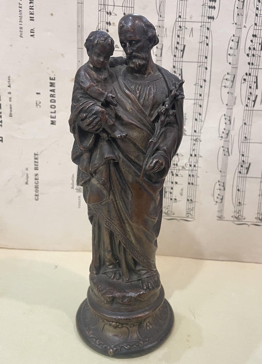 Rare Antique French St Joseph and Child Spelter Statue c1900