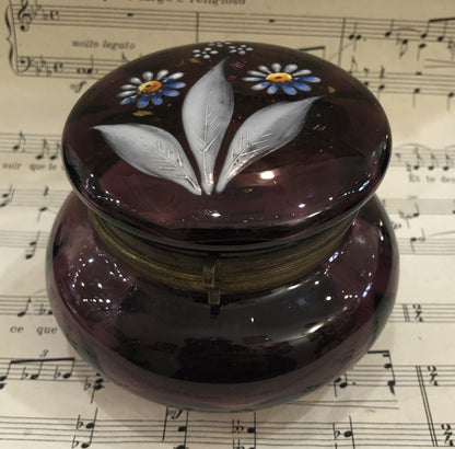 Antique French Gilt Brass Purple Glass Hand Painted Enameled Box Flowers c1900
