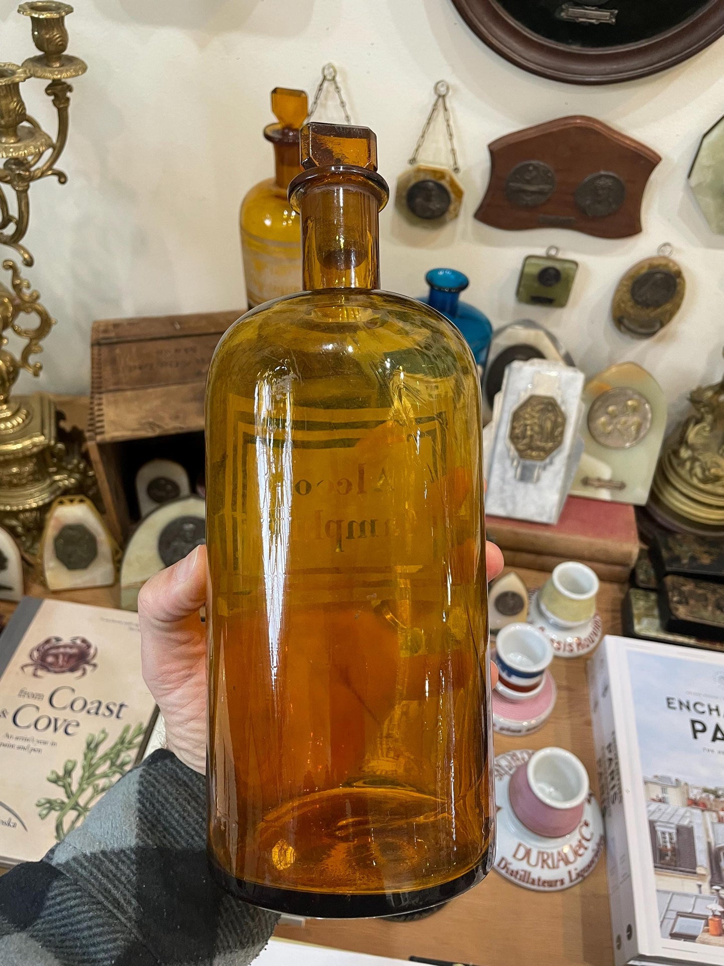 Rare Large Antique French Apothecary Bottle Amber Glass Alcool Camphre c1880