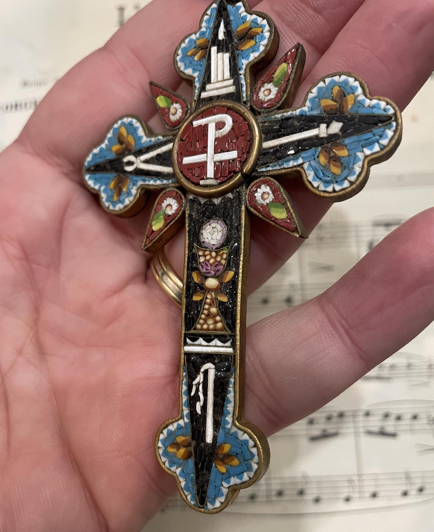 Antique Italian Micro Mosaic Micromosaic Cross Crucifix Chalice c1900