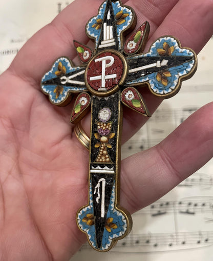 Antique Italian Micro Mosaic Micromosaic Cross Crucifix Chalice c1900