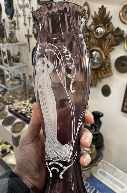 Antique French Purple Glass Hand Painted Enameled Vase Mary Gregory c1900