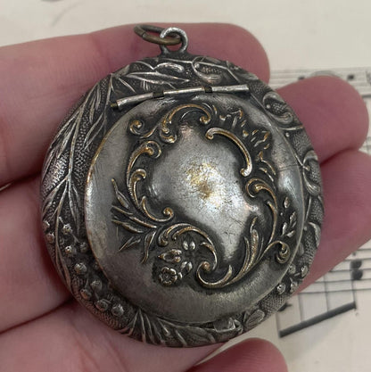 Antique French Art Nouveau Silver Plated Pill Box Compact Rouge Flowers Mistletoe c1900