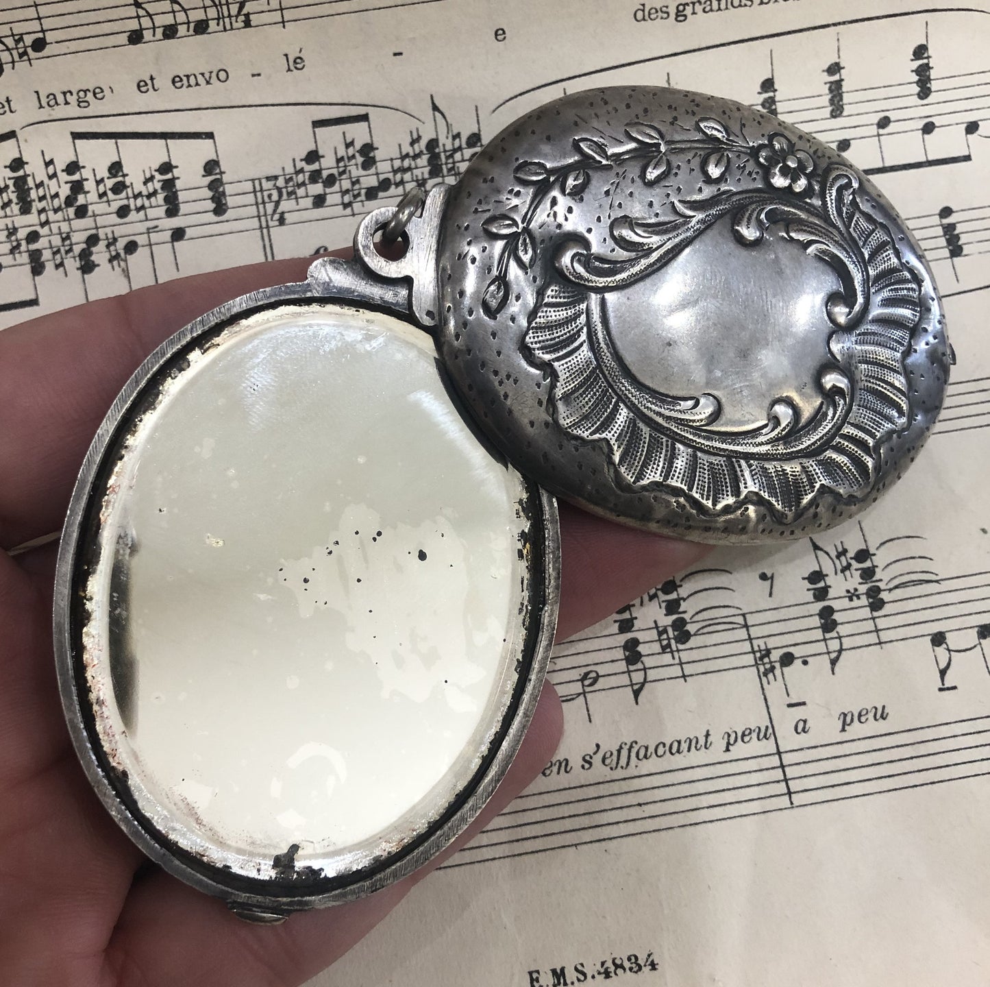 Rare Antique French Art Nouveau Sterling Silver Flower Sliding Mirror Pendant c1900