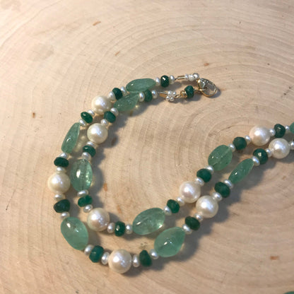 Art Nouveau 14 gold Good Luck necklace with enamel 4 leaf clover, gold elephant, emeralds and pearls