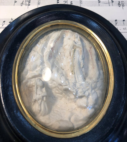 Antique French Carved Plaster Apparition of Lourdes Domed Glass c1900