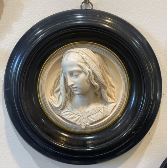 Rare Large French Antique Carved Plaster Mary Signed Wall Icon c1854