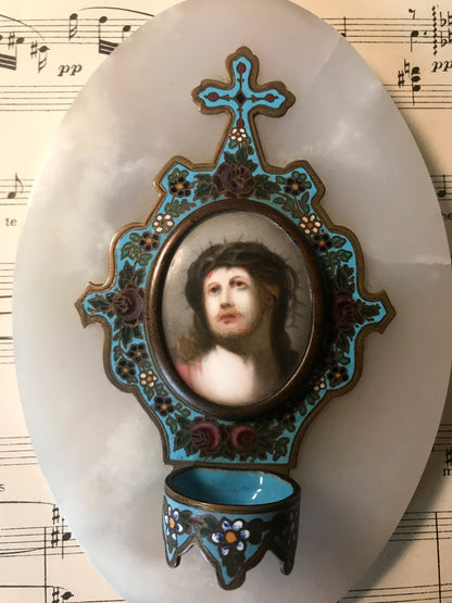 Antique French Champleve Enamel Hand Painted Porcelain Holy Water Font Jesus c1880