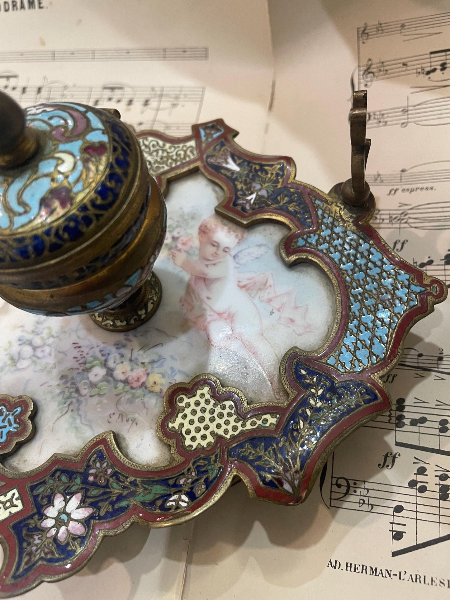 Rare Antique French Champleve Enamel Bronze Hand Painted Angels Ink Well Inkwell c1880