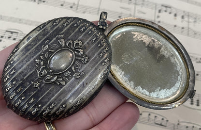 Large Antique French Art Nouveau Silver Plated Sliding Mirror Pendant c1900