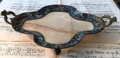 Rare Large Antique French Bronze Champleve Enamel Onyx Tray Platter Centerpiece c1880