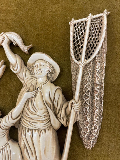 Rare Antique French Icoryl Faux Ivoire Fisherman Signed Francois Noe Frame c1940