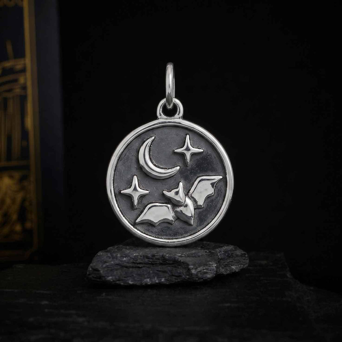 Sterling Silver Flying Bat Charm with Moon and Star 19x13mm