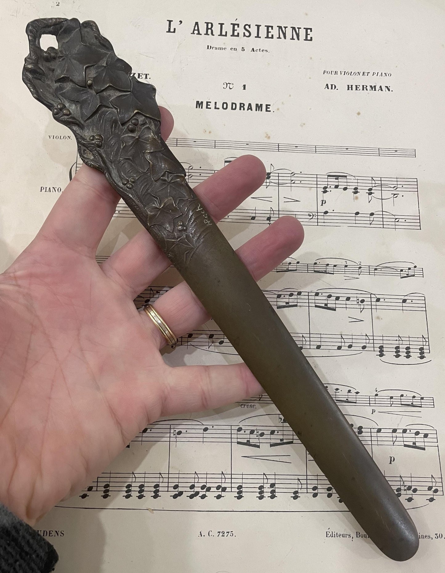 Rare Large Antique French Bronze Art Nouveau Letter Opener Leaves Signed Risch c1880