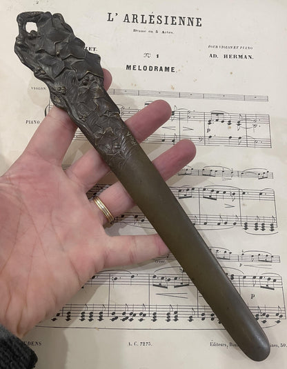 Rare Large Antique French Bronze Art Nouveau Letter Opener Leaves Signed Risch c1880