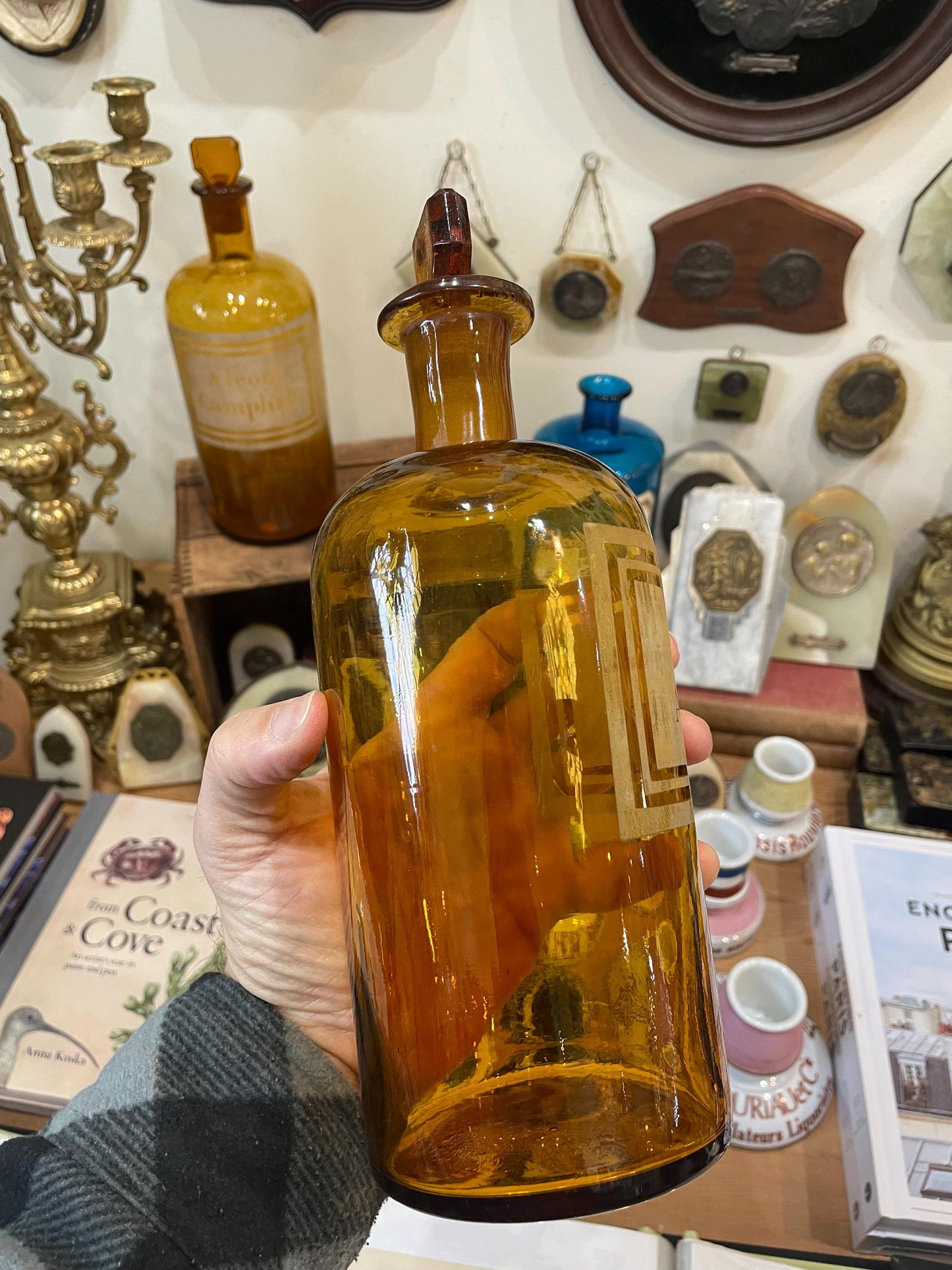 Rare Large Antique French Apothecary Bottle Amber Glass Acide Acetique c1880