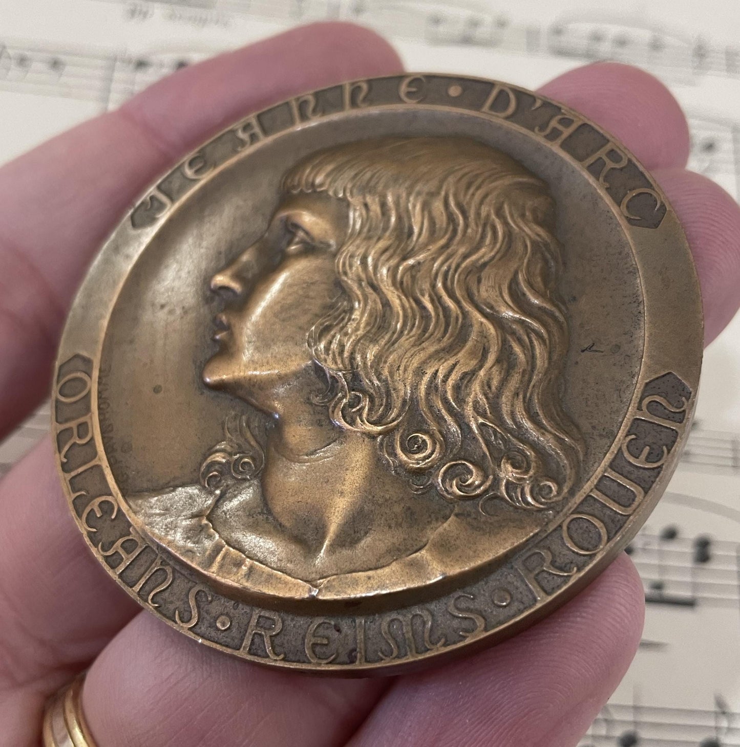 Large Antique French Bronze Joan of Arc Medal Signed Prudhomme c1920