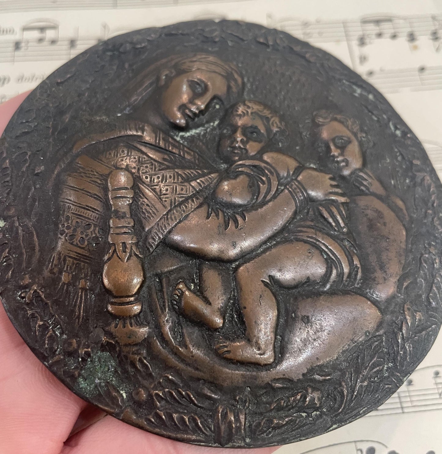 Large Antique French Bronze Virgin Mary Icon Plaque Medal c1900