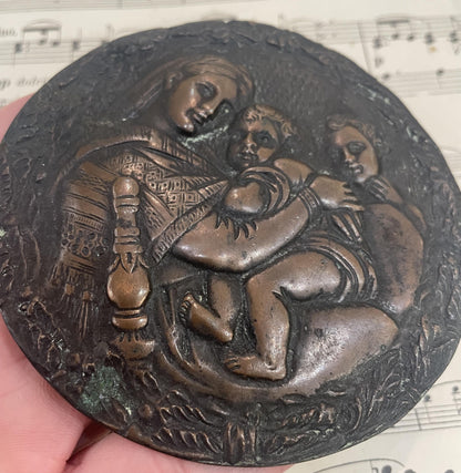 Large Antique French Bronze Virgin Mary Icon Plaque Medal c1900