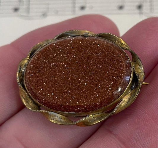 Antique French Art Nouveau Goldstone Brooch c1920