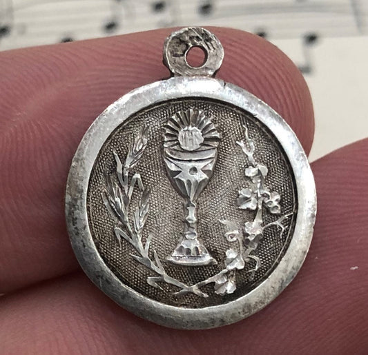Antique French Art Nouveau Silver 800 First Communion Medal Chalice c1909