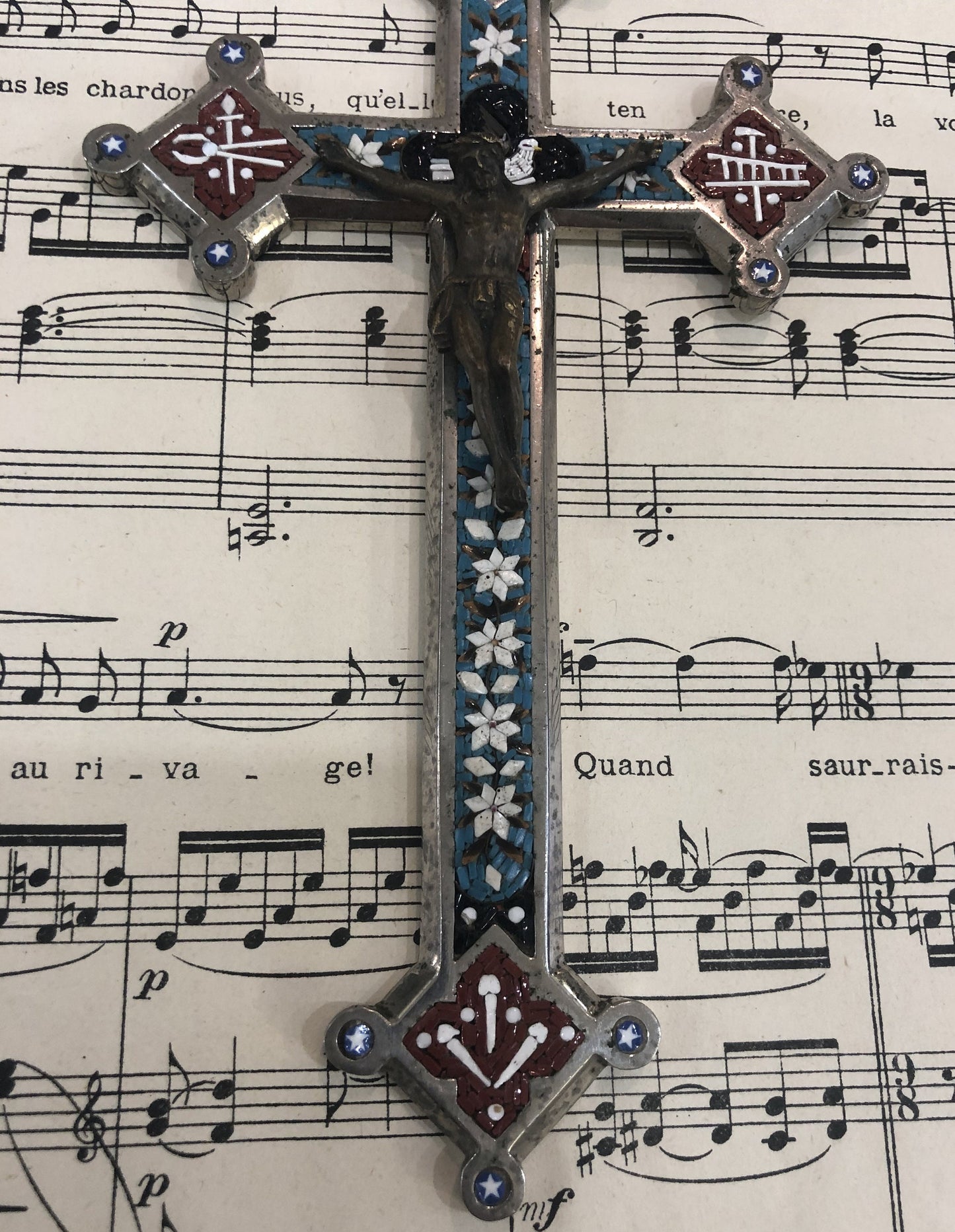 Large Antique Italian Micro Mosaic Micromosaic Cross Crucifix Bird Flowers c1900