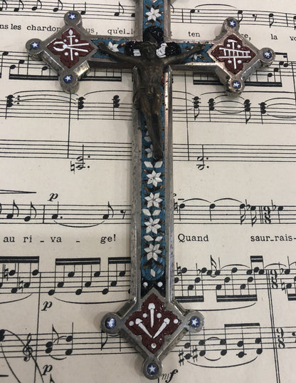 Large Antique Italian Micro Mosaic Micromosaic Cross Crucifix Bird Flowers c1900
