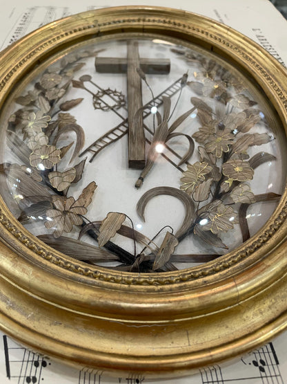 Rare Large Antique French Mourning Hair Art Domed Glass Oval Wooden Frame c1880