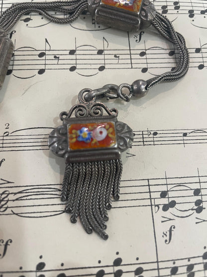 Rare Antique French Enameled Sterling Silver Pocket Watch Chain c1890