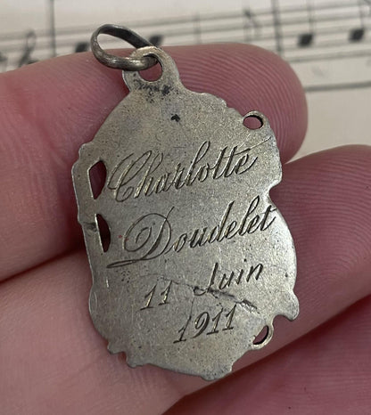 Antique French Art Nouveau Sterling Silver First Communion Medal Chalice c1911