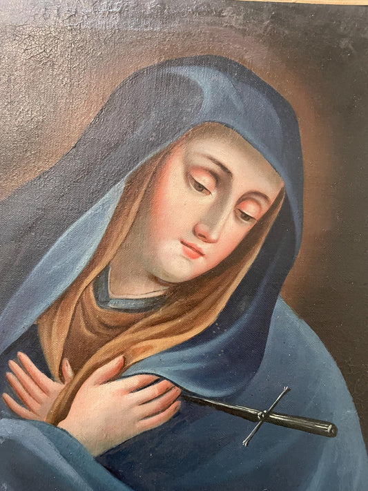 Rare Antique French Oil on Canvas Religious Painting Virgin Mary c1830